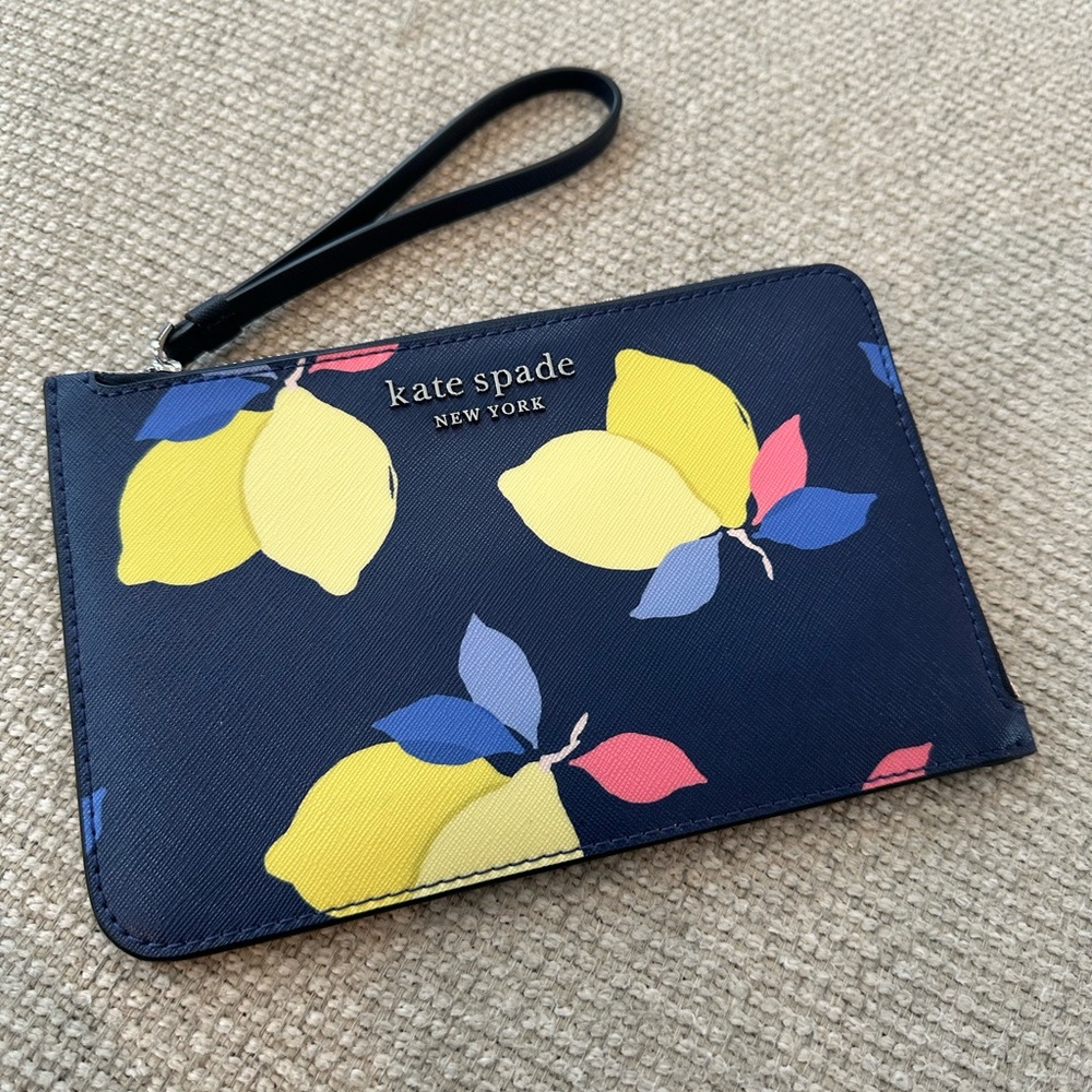 kate spade navy wristlet with yellow, pink & blue lemon print